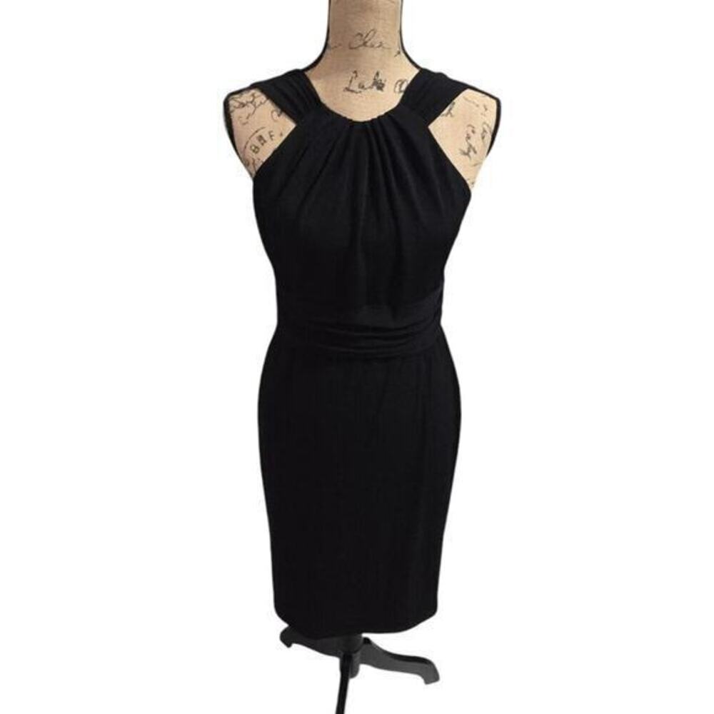 David Meister‎ Black Pleated Halter Ruched Waist Cocktail Sheath Dress Size 6